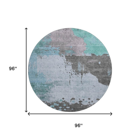 8' Teal And Taupe Abstract Washable Round Rug With UV Protection