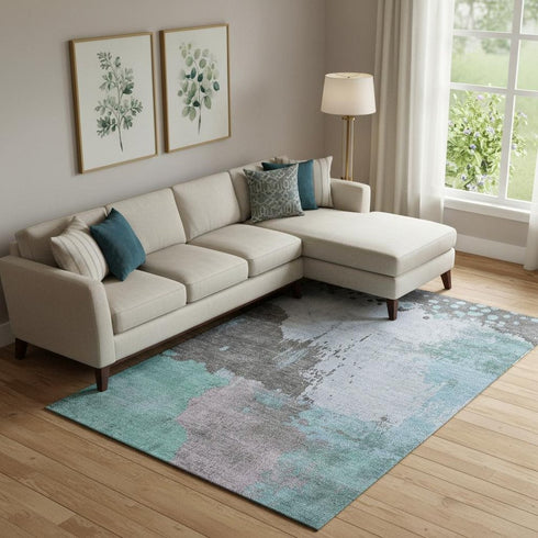 9' X 12' Teal And Taupe Abstract Washable Area Rug With UV Protection