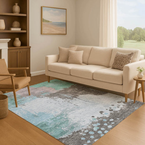 9' X 12' Teal And Taupe Abstract Washable Area Rug With UV Protection