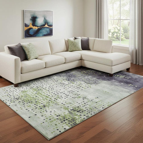 8' X 10' Artichoke Green And Eggplant Geometric Washable Area Rug With UV Protection