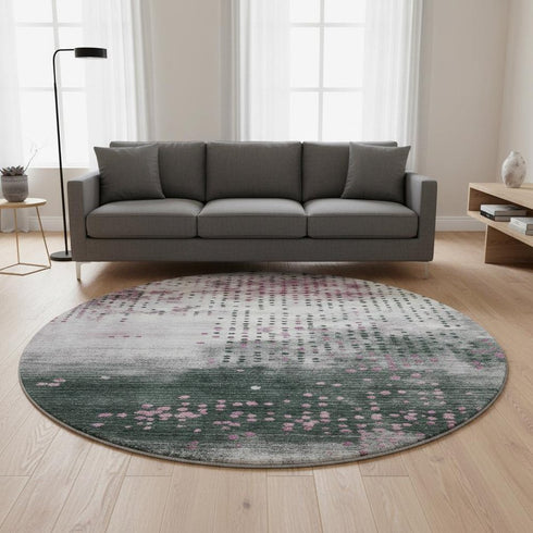 8' Blush And Emerald Geometric Washable Round Rug With UV Protection