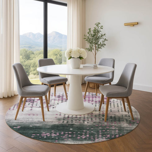 8' Blush And Emerald Geometric Washable Round Rug With UV Protection