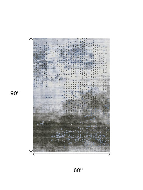 5' X 8' Denim Blue And Chocolate Geometric Washable Area Rug With UV Protection