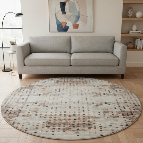 8' Linen And Blue Geometric Washable Round Rug With UV Protection