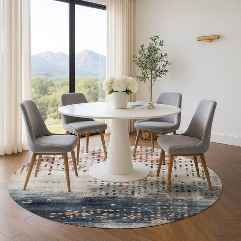 8' Linen And Blue Geometric Washable Round Rug With UV Protection