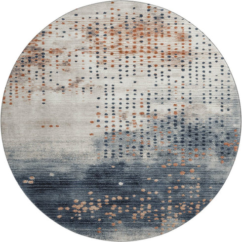 8' Linen And Blue Geometric Washable Round Rug With UV Protection