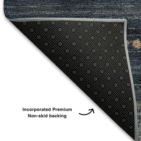 8' Linen And Blue Geometric Washable Round Rug With UV Protection