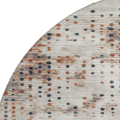 8' Linen And Blue Geometric Washable Round Rug With UV Protection
