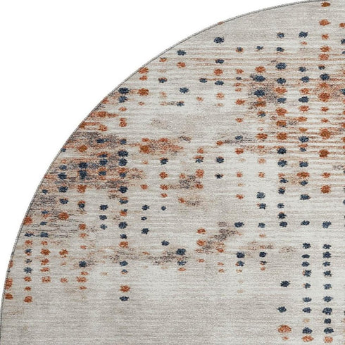 8' Linen And Blue Geometric Washable Round Rug With UV Protection