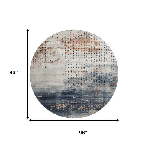8' Linen And Blue Geometric Washable Round Rug With UV Protection