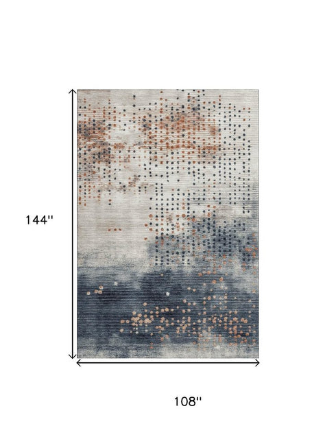 9' X 12' Linen And Blue Geometric Washable Area Rug With UV Protection