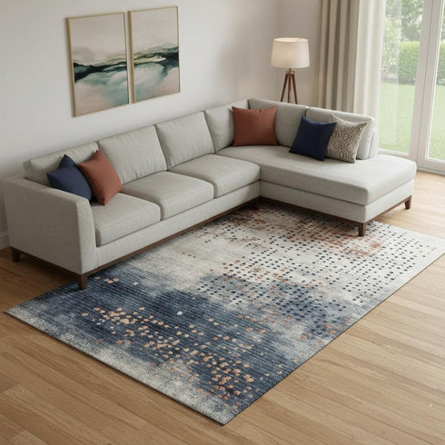 9' X 12' Linen And Blue Geometric Washable Area Rug With UV Protection