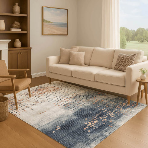 9' X 12' Linen And Blue Geometric Washable Area Rug With UV Protection