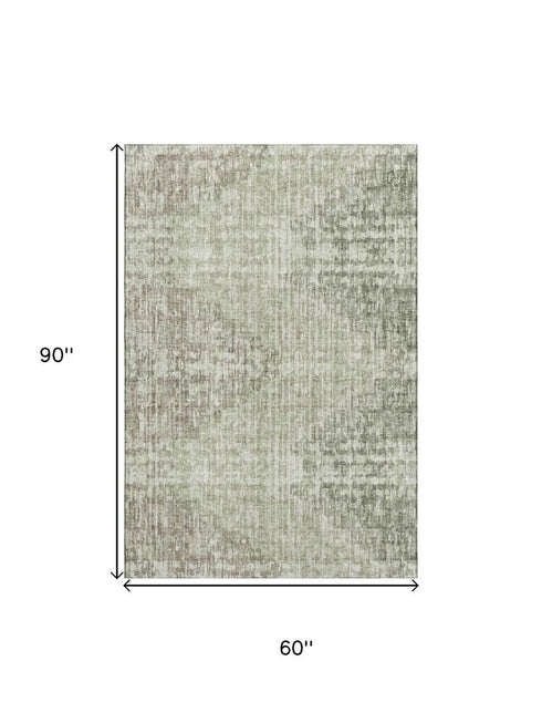 5' X 8' Fern Green And Taupe Geometric Washable Area Rug With UV Protection