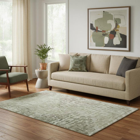 5' X 8' Fern Green And Taupe Geometric Washable Area Rug With UV Protection