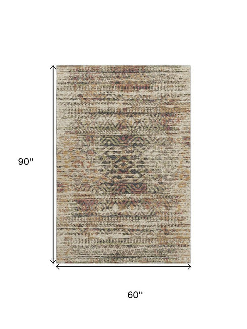 5' X 8' Beige Charcoal And Copper Moroccan Washable Area Rug With UV Protection