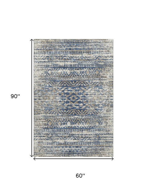 5' X 8' Blue Gray And Beige Moroccan Washable Area Rug With UV Protection