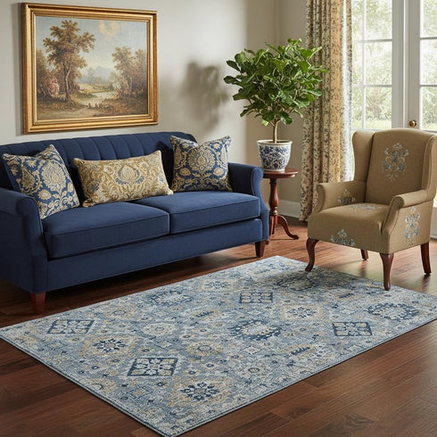 5' X 8' Denim Blue And Gold Oriental Washable Area Rug With UV Protection