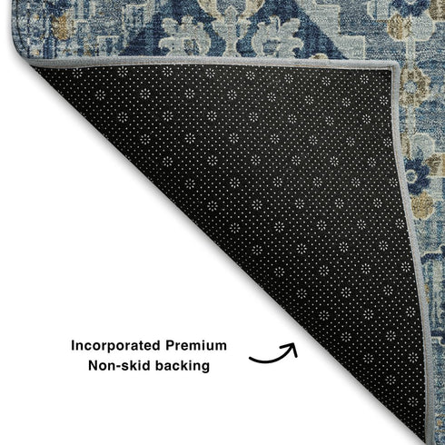 5' X 8' Denim Blue And Gold Oriental Washable Area Rug With UV Protection