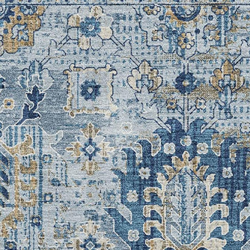 5' X 8' Denim Blue And Gold Oriental Washable Area Rug With UV Protection
