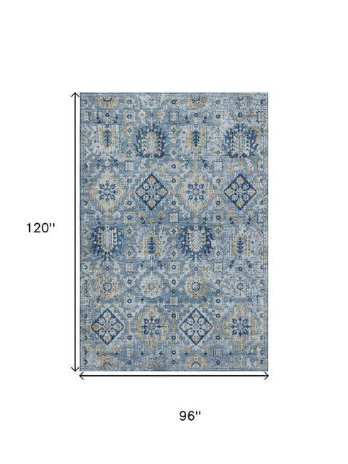 8' X 10' Denim Blue And Gold Oriental Washable Area Rug With UV Protection