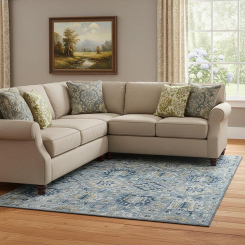8' X 10' Denim Blue And Gold Oriental Washable Area Rug With UV Protection