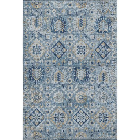 8' X 10' Denim Blue And Gold Oriental Washable Area Rug With UV Protection