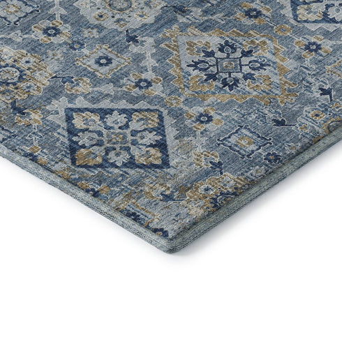 8' X 10' Denim Blue And Gold Oriental Washable Area Rug With UV Protection
