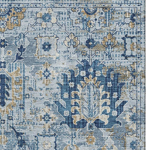 8' X 10' Denim Blue And Gold Oriental Washable Area Rug With UV Protection