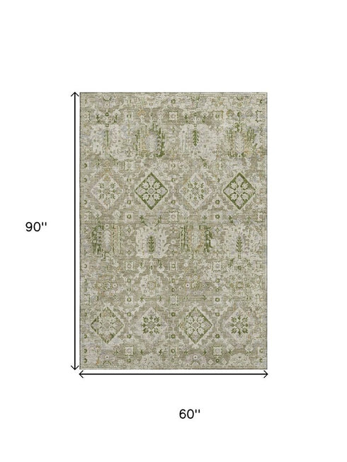 5' X 8' Fern Green And Beige Oriental Washable Area Rug With UV Protection