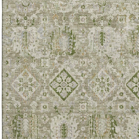 5' X 8' Fern Green And Beige Oriental Washable Area Rug With UV Protection
