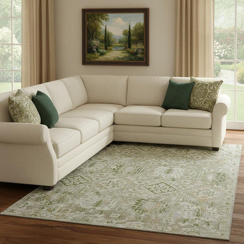 8' X 10' Fern Green And Beige Oriental Washable Area Rug With UV Protection