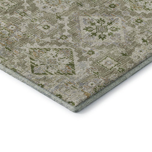 8' X 10' Fern Green And Beige Oriental Washable Area Rug With UV Protection