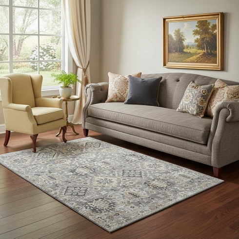 5' X 8' Gray And Silver Oriental Washable Area Rug With UV Protection