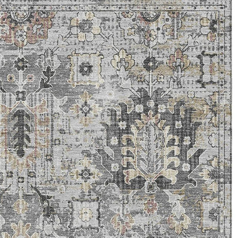 5' X 8' Gray And Silver Oriental Washable Area Rug With UV Protection