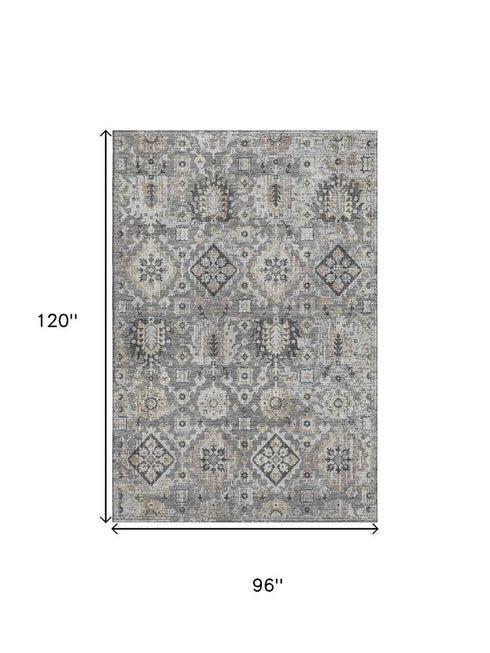 8' X 10' Gray And Silver Oriental Washable Area Rug With UV Protection