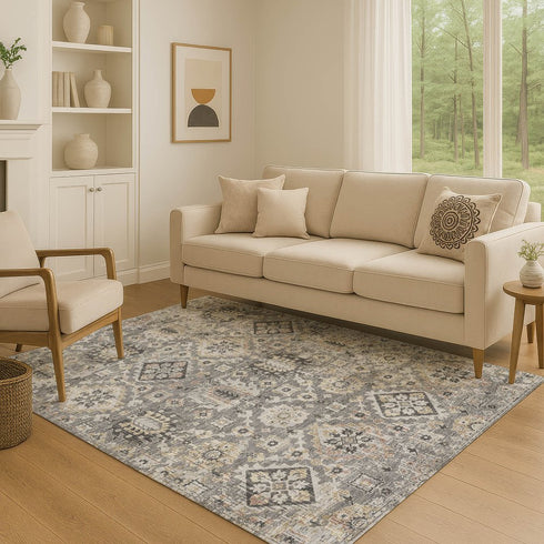 8' X 10' Gray And Silver Oriental Washable Area Rug With UV Protection