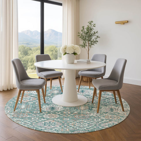 8' Pale Aqua And Ivory Oriental Washable Round Rug With UV Protection