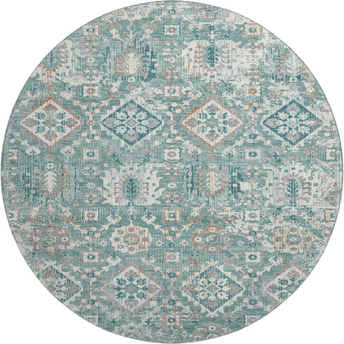 8' Pale Aqua And Ivory Oriental Washable Round Rug With UV Protection