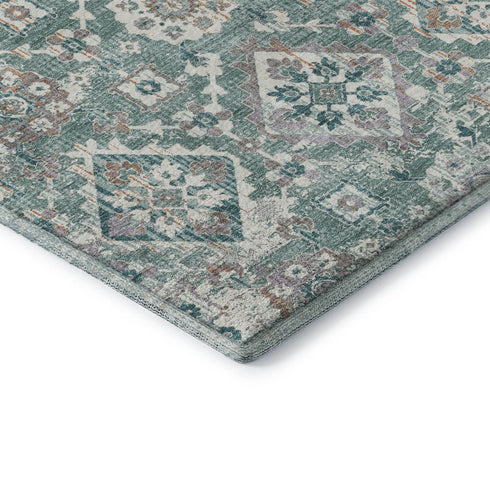 8' Pale Aqua And Ivory Oriental Washable Round Rug With UV Protection