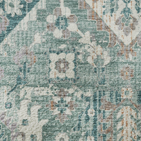 8' Pale Aqua And Ivory Oriental Washable Round Rug With UV Protection