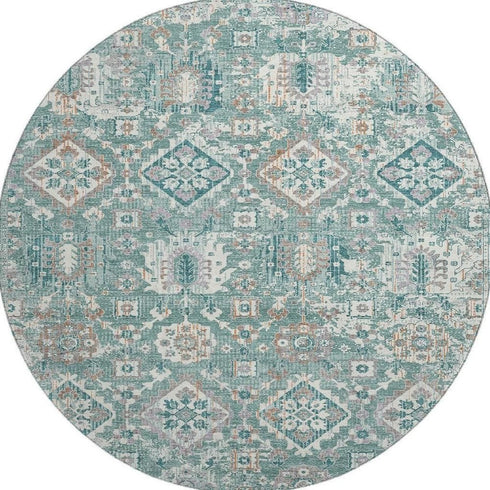8' Pale Aqua And Ivory Oriental Washable Round Rug With UV Protection