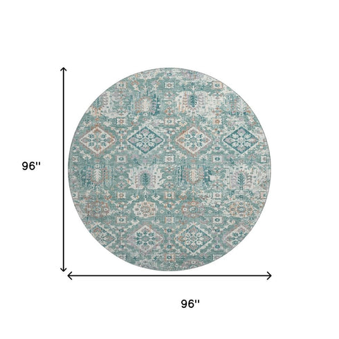 8' Pale Aqua And Ivory Oriental Washable Round Rug With UV Protection