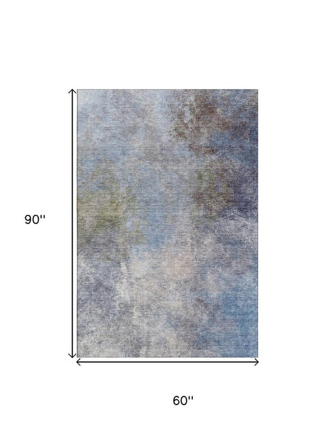5' X 8' Denim Blue And Brown Abstract Washable Area Rug With UV Protection
