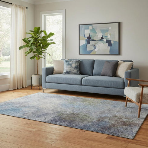 5' X 8' Denim Blue And Brown Abstract Washable Area Rug With UV Protection