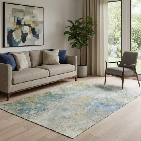 5' X 8' Khaki Blue And Gold Abstract Washable Area Rug With UV Protection