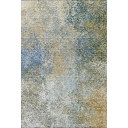 5' X 8' Khaki Blue And Gold Abstract Washable Area Rug With UV Protection