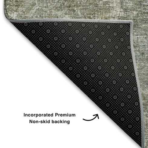 5' X 8' Khaki Blue And Gold Abstract Washable Area Rug With UV Protection