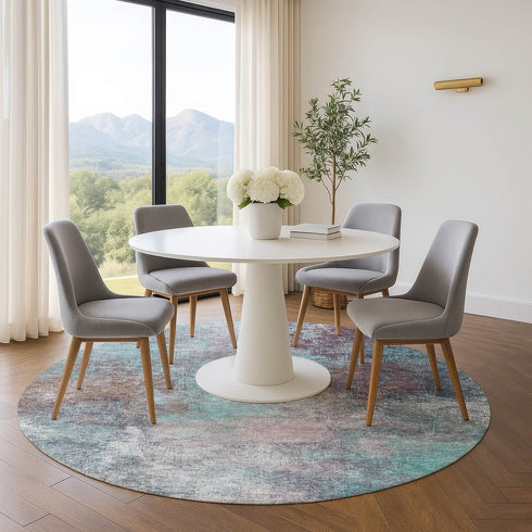 8' Teal And Taupe Abstract Washable Round Rug With UV Protection
