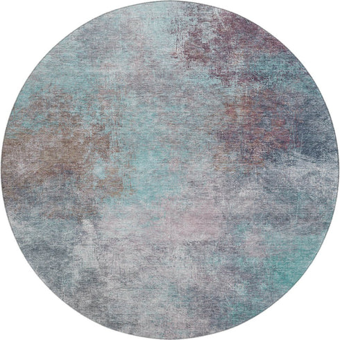 8' Teal And Taupe Abstract Washable Round Rug With UV Protection